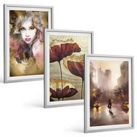 BILDER SET 3er Set - 40x60 cm Silberner Rahmen - Abstraktes Porträt einer Frau mit Blumen und Regen - Silberfarben, Kunststoff (40/60cm) - TULUP