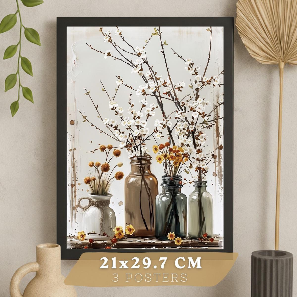 POSTER 3er Bilder-Set Wandbilder Blumen Vasen modern Wohnzimmer Deko, Schlafzimmer, Küche, Badezimmer Schwarzer Rahmen A4 - Schwarz, Papier (29.7/1/21cm) - Nacnic