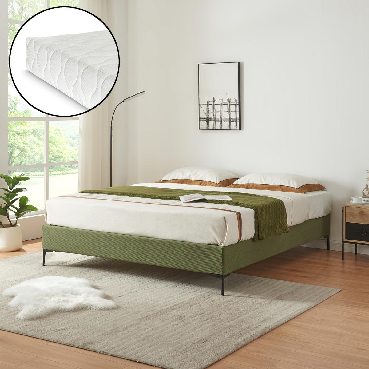 POLSTERBETT Lilla mit Matratze - Grün, Holzwerkstoff/Textil (160/200cm) - [en.casa]