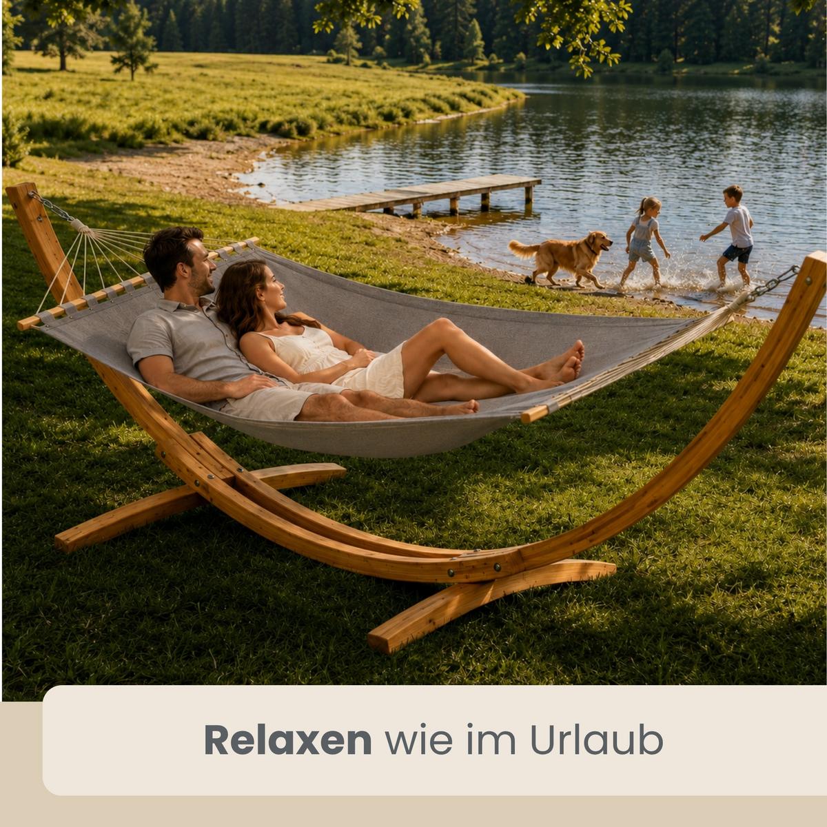 XXL-HÄNGEMATTE mit Holzgestell bis 150kg, 325/120cm, Grau - Grau, Holz (120/2.5/325cm) - Amanka