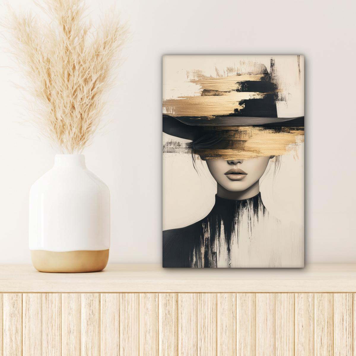 LEINWANDBILD Frau - Hut - Farbe Deko Wohnzimmer 20x30 cm - Goldfarben, Textil (20/30cm) - MuchoWow