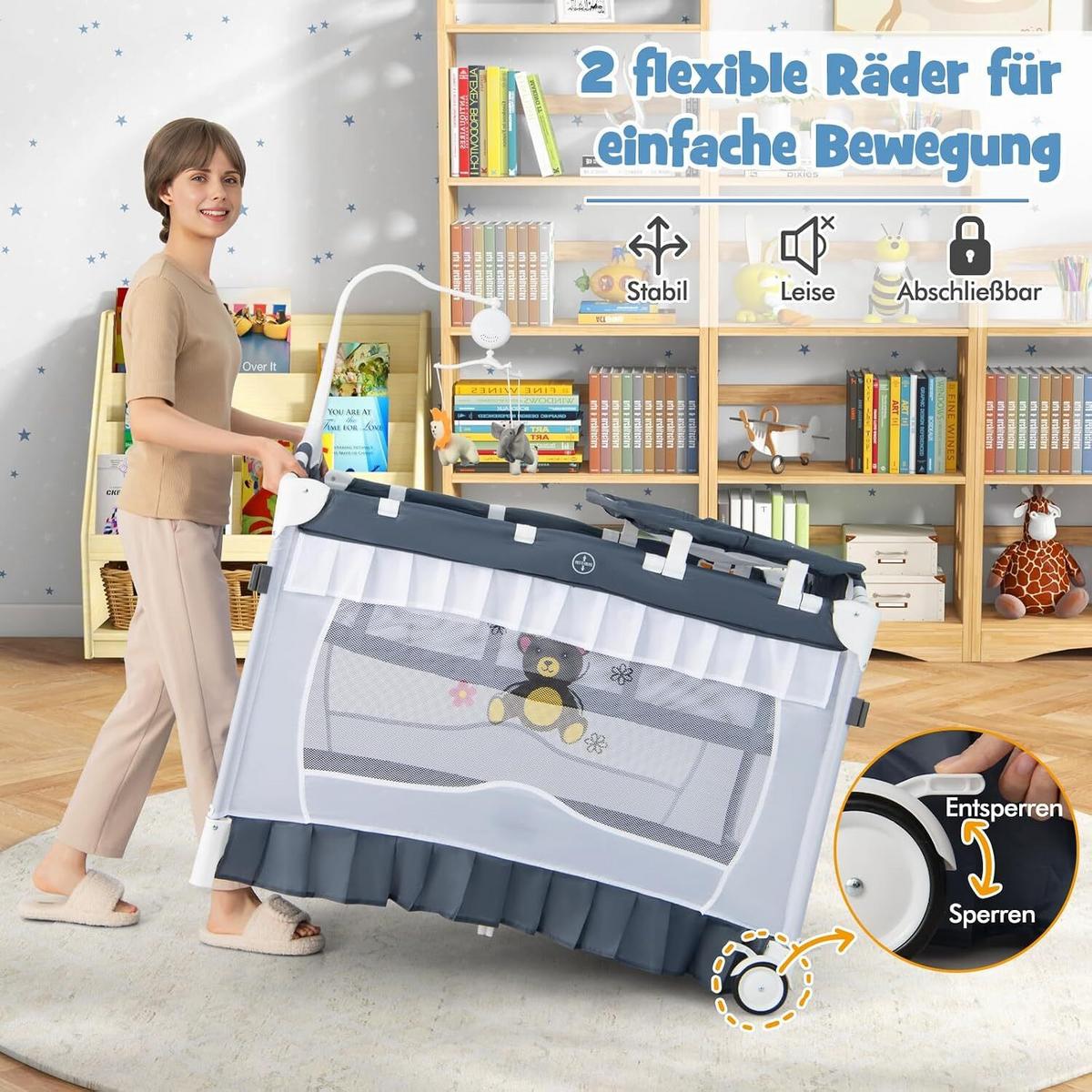 BABYBETT mit abnehmbarem Baldachin grau - Grau, Textil - COSTWAY