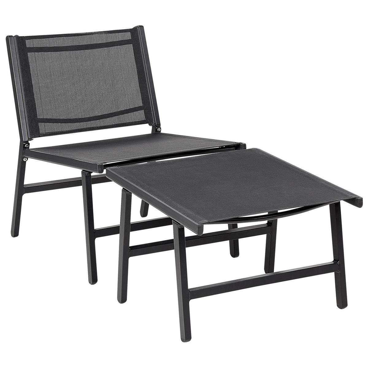 GARTENSTUHL 2er-SET Aluminium schwarz mit Fußhocker Marceddi - Schwarz, Textil (54/70/60cm) - Beliani
