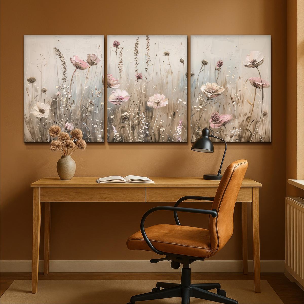 LEINWANDBILD 3er Set Blumen - Beige - Modern - Rosa 180x80 cm - Ecru, Textil (180/80cm) - MuchoWow