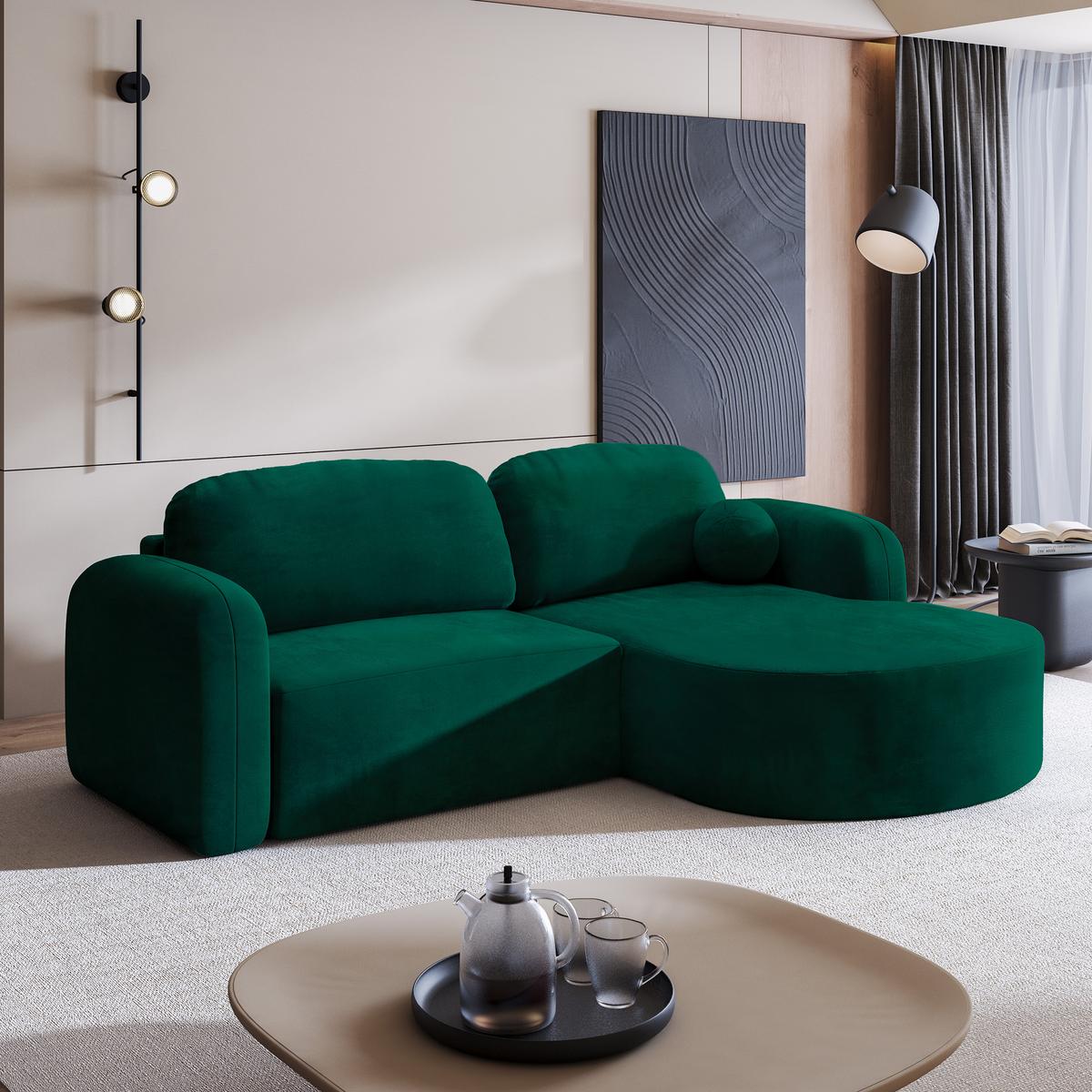 ECKSOFA AMILIA M R-S Grün Velours-Stoff mit Schlaffunktion - Grün, Holz (263/174cm) - MASSENO