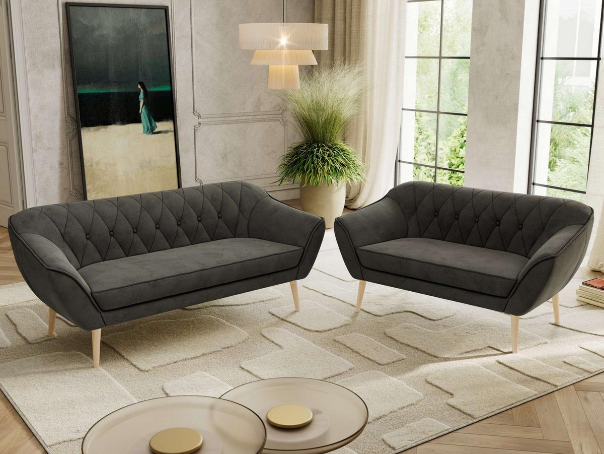 SITZGARNITUR PIRS 3+2 - Dunkelgrau Velvet - Holzbeine - Dunkelgrau/Buchefarben, Holzwerkstoff/Textil (180/75/74cm) - MKS
