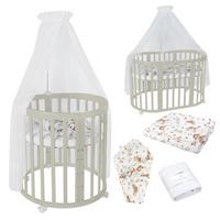 BABYBETT OLIVE OVAL 7in1 mit Matratze und Himmelset - Multicolor/Olivgrün, Holz/Textil (73/125cm) - waldin
