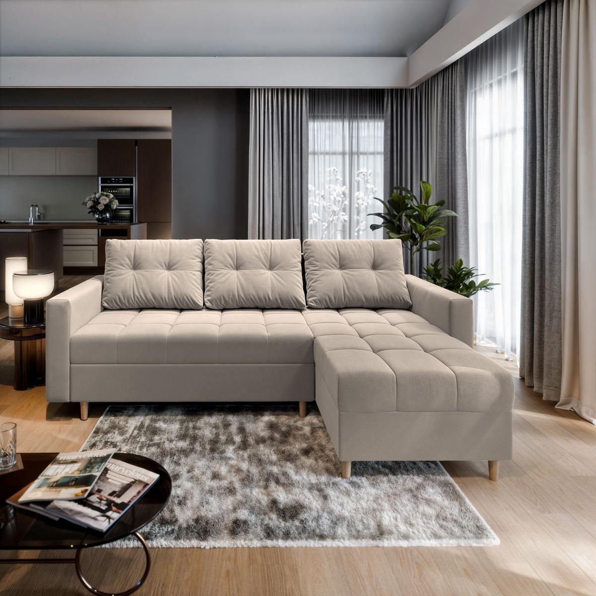 ECKSOFA MILO L Beige Plüsch-Stoff mit Schlaffunktion - Beige/Braun, Holz/Textil (220/140cm) - MASSENO