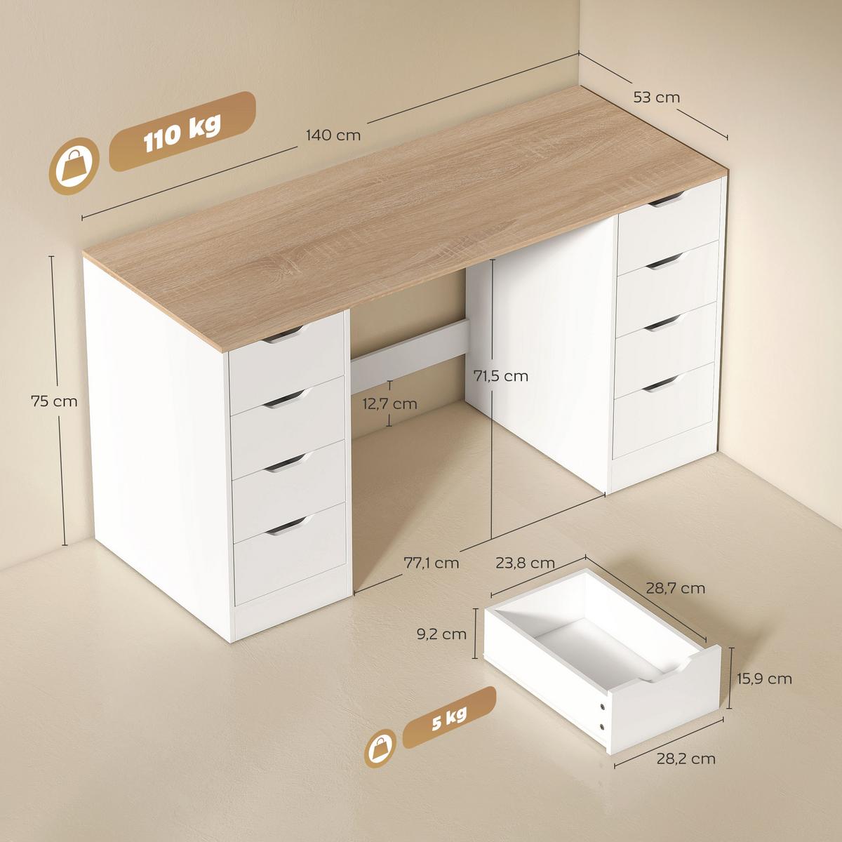 SCHREIBTISCH mit 8 Schubladen Moderner Bürotisch 140 x 53 x 75 cm Weiß - Weiß, Holzwerkstoff (140/53/75cm) - HOMCOM