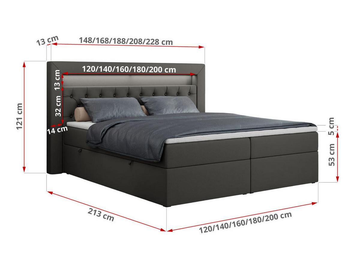 BOXBETT GOLD-6 LED 160/200 Dunkelgrau Kunstleder - H4 - Dunkelgrau, Holz/Textil (160/200cm) - MKS