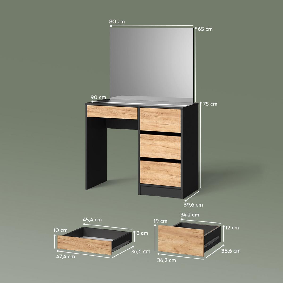 SCHMINKTISCH Imola Anthrazit/Goldkraft Eiche 90 cm - Honigeiche/Anthrazit, Holzwerkstoff (90/75/55cm) - Livinity®