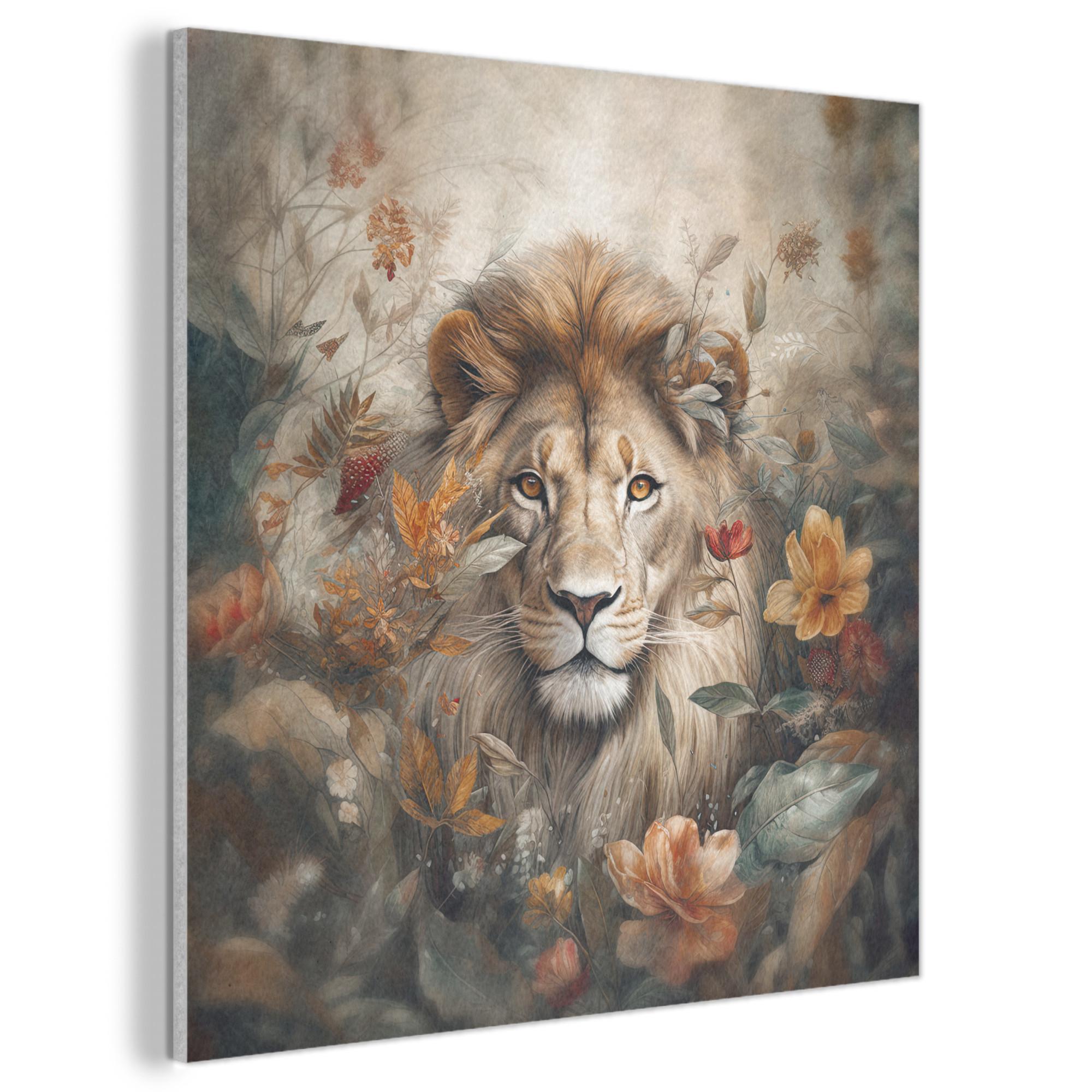 AKUSTIKBILD Löwe - Wildtiere - Pflanzen - Natur - Blumen Akustikpaneele 80x80 cm - Beige, Kunststoff (80/80/0.9cm) - MuchoWow