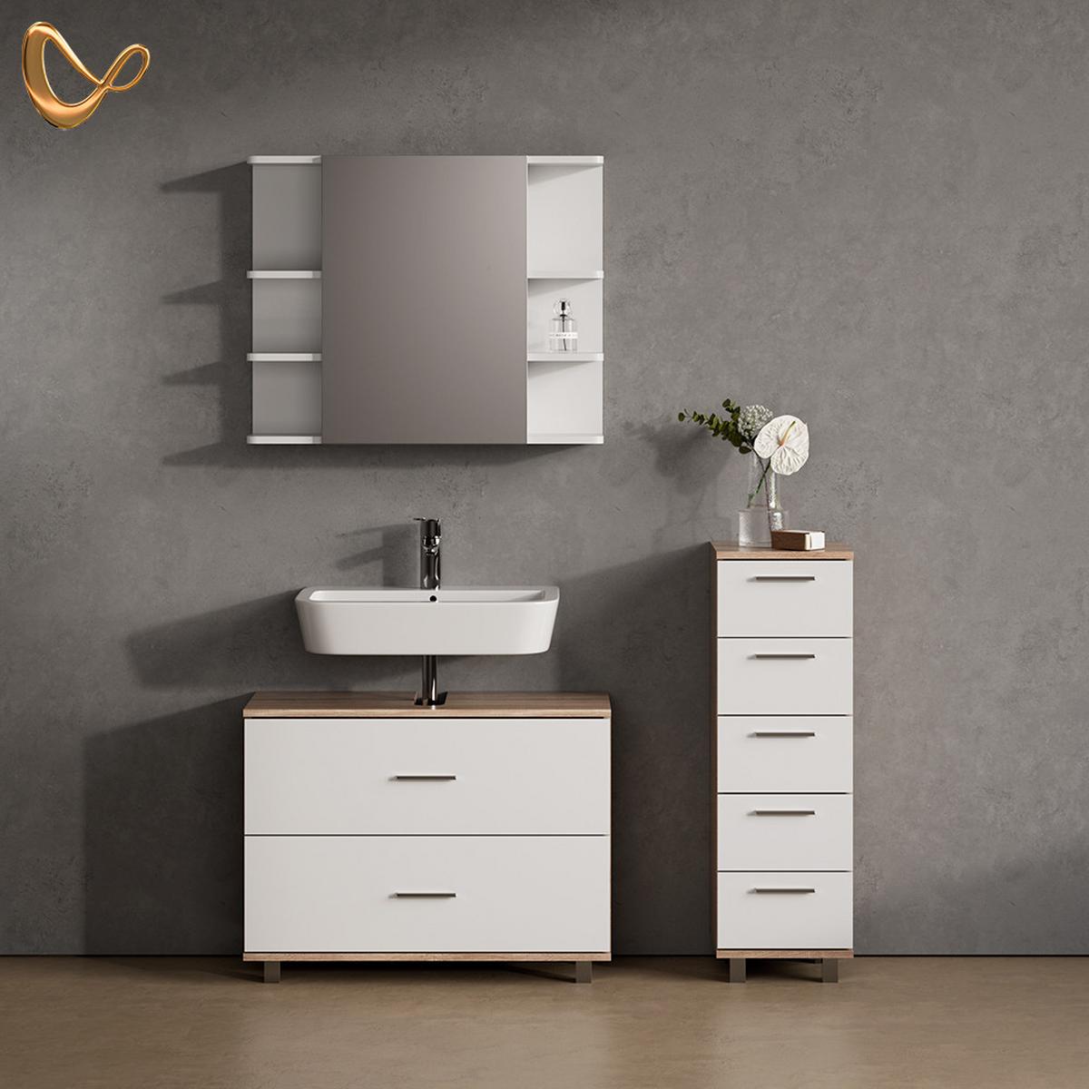 BADMÖBEL-SET Eisak Weiß/Sonoma 3 Teile, mit Unterschrank 80 cm - Weiß/Sonoma Eiche, Holzwerkstoff (80/60/33cm) - Livinity®