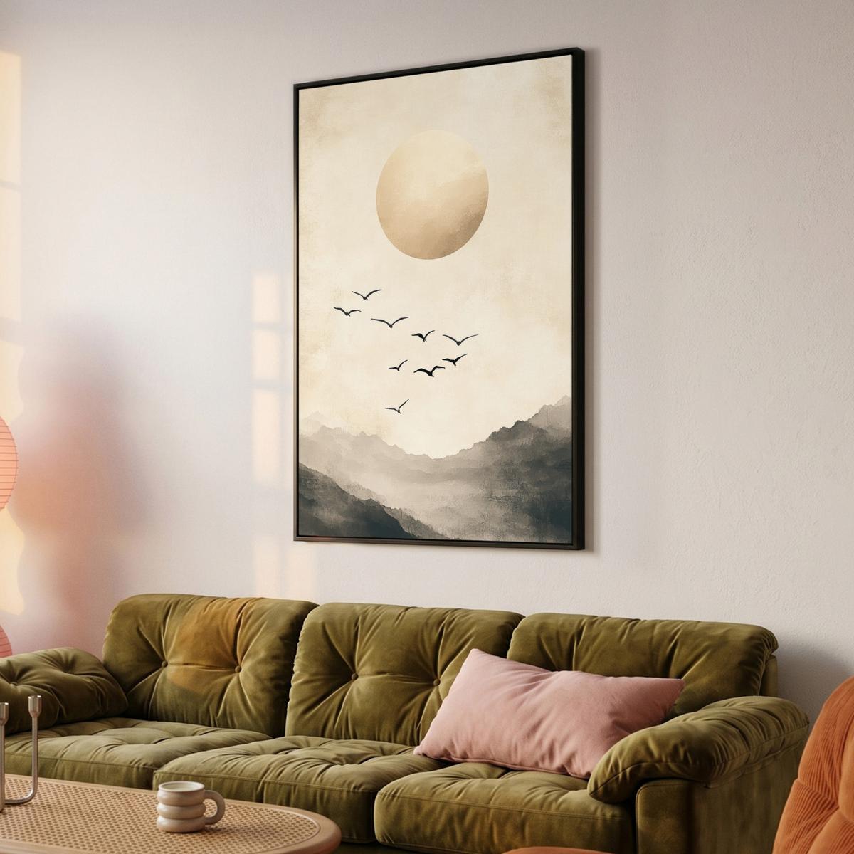 LEINWAND Bilder mit Rahmen - Landschaft - Japandi - Vogel - 80x120 - Beige, Textil (80/120cm) - MuchoWow