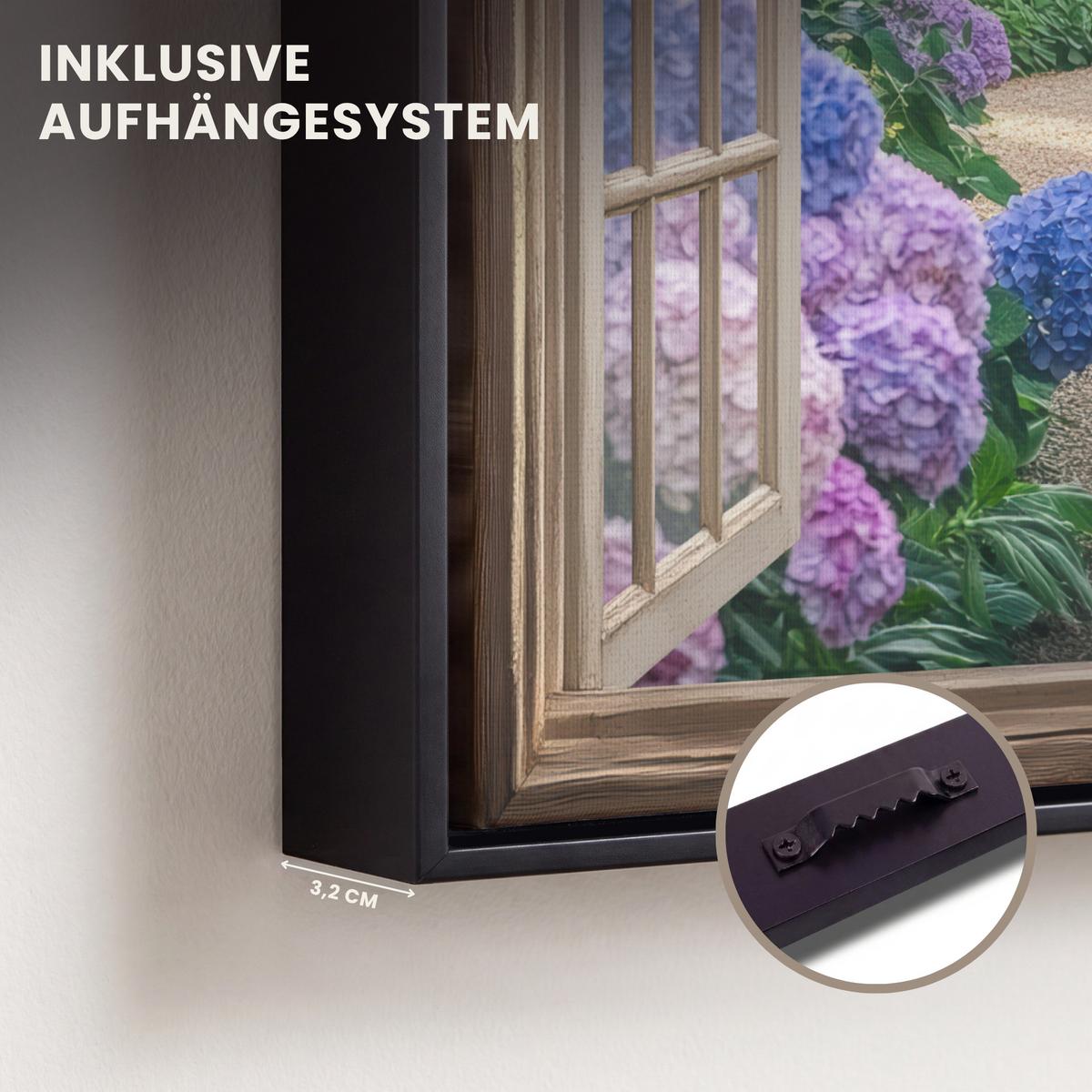 LEINWAND Bilder mit Rahmen - Aussicht - Garten - Fenster - Hortensie - Blumen - 20x20 - Pastellblau, Textil (20/20cm) - MuchoWow