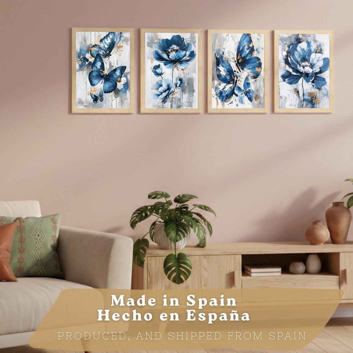 POSTER 4er Kunstdruck-Set Wandbilder Blumen Blau Schmetterlinge modern Wohnzimmer Deko, Schlafzimmer, Küche, Badezimmer Rahmenlos A3 - Beige, Papier (29.7/1/42cm) - Nacnic