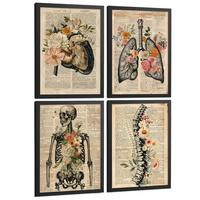 POSTER Set aus 4 Anatomie Drucke und Wandbilder mit Leber Lungen Atmungssystem Skelett Schädel Wirbelsäule Zeitungsstil Größe Schwarzer Rahmen A4 - Schwarz, Papier (21/29.7/3cm) - Nacnic