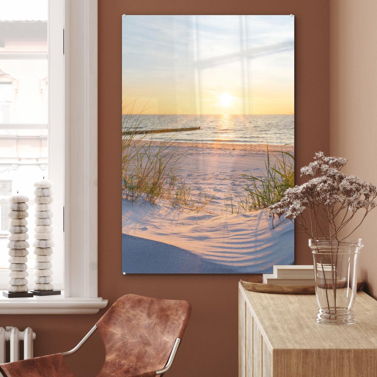ACRYLGLASBILD Strand - Sonne - Düne - Gras - Sand - Horizont 80x120 cm - Hellblau, Glas (80/120cm) - MuchoWow
