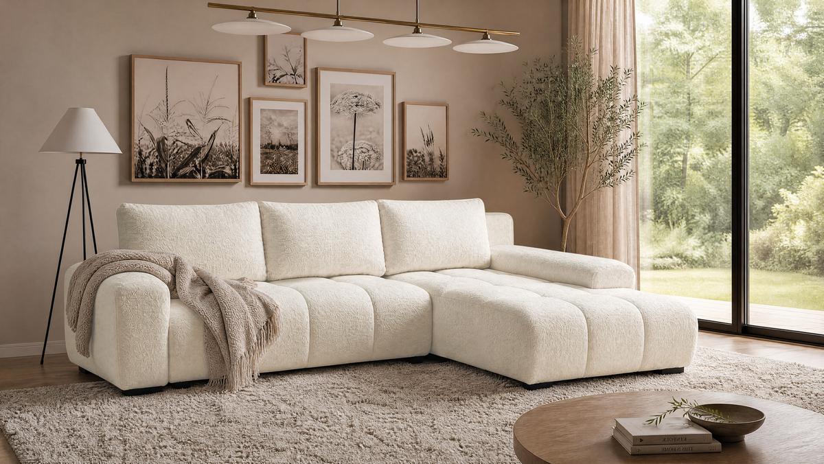 ECKSOFA Ovia mit Bettkasten und Schlaffunktion, Bouclé-Stoff in L-Form - Beige, Textil (270/185cm)