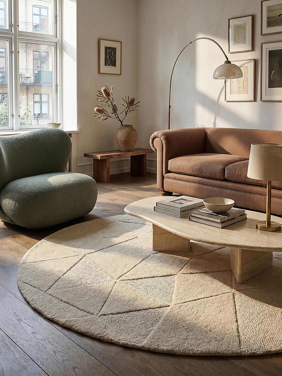 WOLLTEPPICH DEBEN, geometrisch, Natur, Ø 160 cm - Beige, Textil (160/160cm) - KADIMA DESIGN