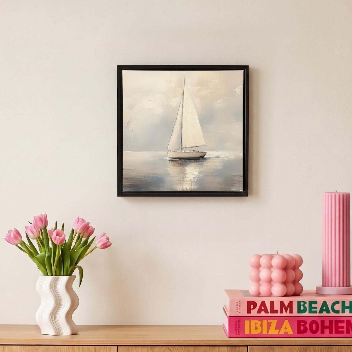 LEINWAND Bilder mit Rahmen - Segelschiff - Meer - Bewölkt - 20x20 - Creme, Textil (20/20cm) - MuchoWow