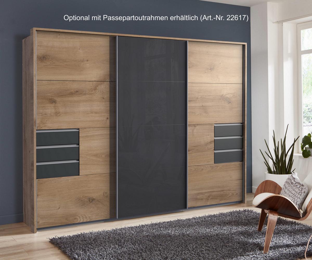 SCHWEBETÜRENSCHRANK 3-türig B270/H208/64 cm, Eiche Dekor, Mitteltür Glas Grau, Kleiderschrank mit Schubladen in Grafit & Vollausstattung / 22611 - Eichefarben/Alufarben, Holzwerkstoff/Metall (270/208/64cm) - luma-home
