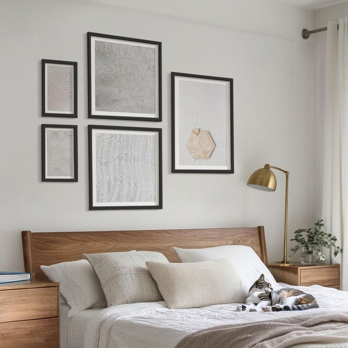 BILDER SET 5er Set - 50x50 cm & 20x30 cm & 40x60 cm Schwarzer Rahmen - Leichte Boho-Sandtexturen - Schwarz, Kunststoff (40/60cm) - TULUP