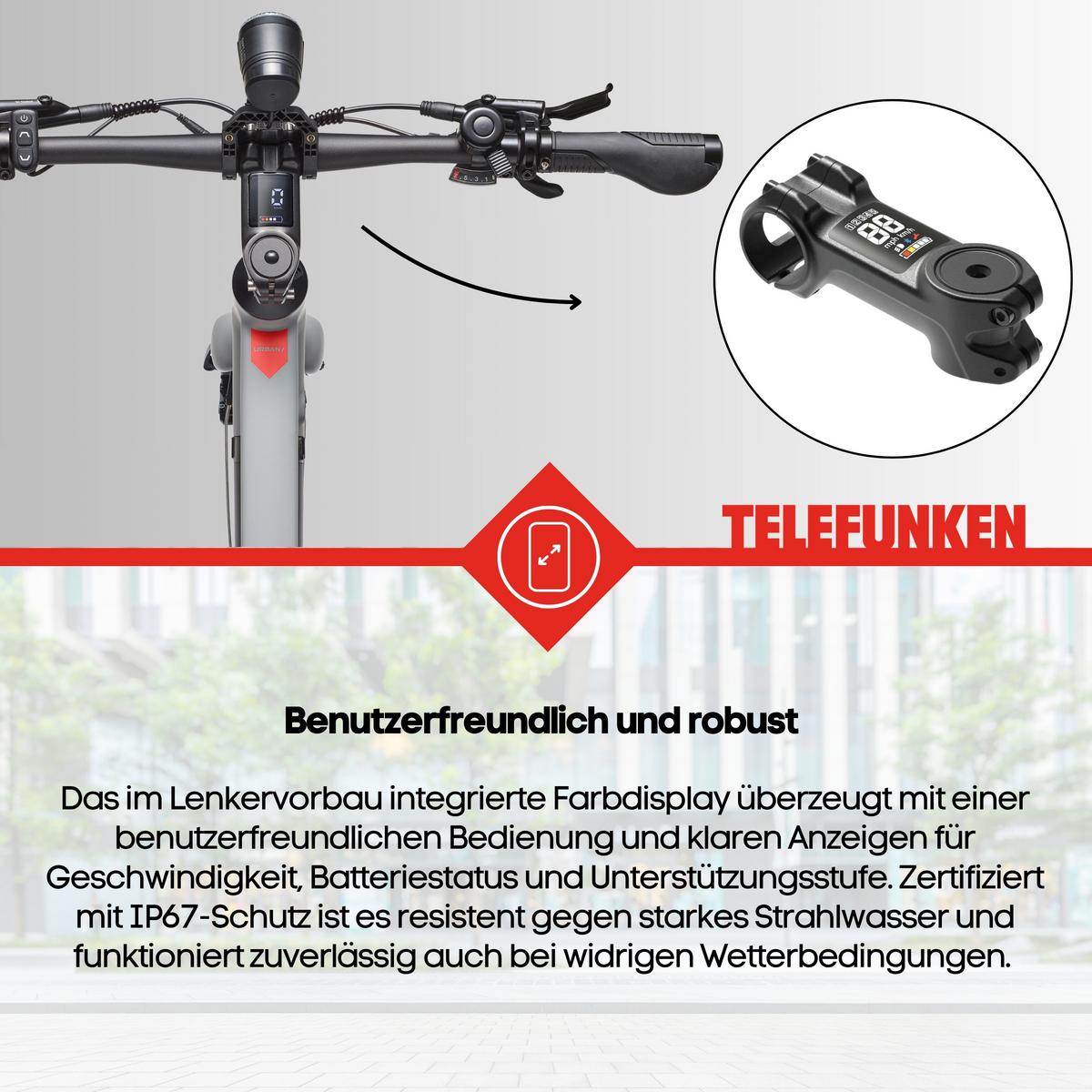 E-BIKE Urban UH200 28 Zoll Pedelec 475,2 Wh Hinterradmotor 7-Gang Kettenschaltung, leicht - Grau, Metall (111.5cm) - Telefunken