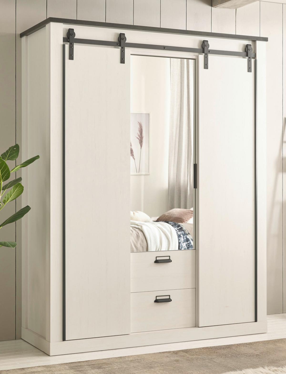 KLEIDERSCHRANK weiß Pinie, anthrazit Landhaus, Schiebetürenschrank 3-türig mit Spiegel 163 x 209 - Anthrazit/Weiß, Holzwerkstoff/Metall (162/209/63cm) - Furn.Design