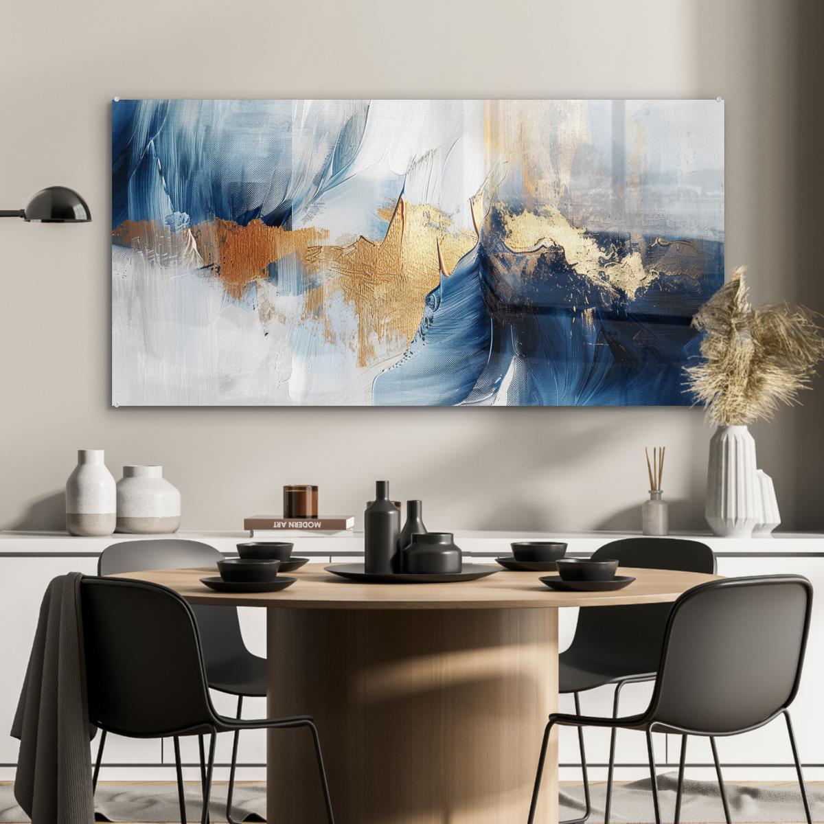 ACRYLGLASBILD Gold - Blau - Aquarell - Kunst - Modern 120x60 cm - Hellblau, Glas (120/60cm) - MuchoWow