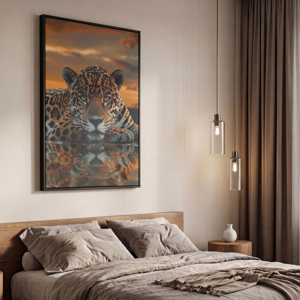 LEINWAND Bilder mit Rahmen - Natur - Leopard - Tier - Sonnenuntergang - Modern - 60x90 - Orange, Textil (60/90cm) - MuchoWow