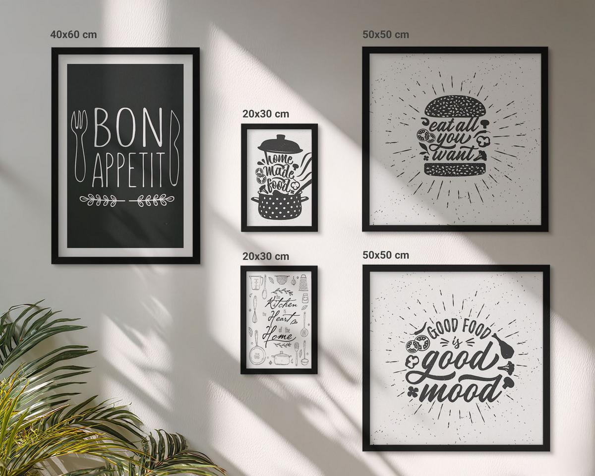 BILDER SET 5er Set - 50x50 cm & 20x30 cm & 40x60 cm Schwarzer Rahmen - Grafiken, Lebensmittel, kulinarische Slogans - Schwarz, Kunststoff (40/60cm) - TULUP