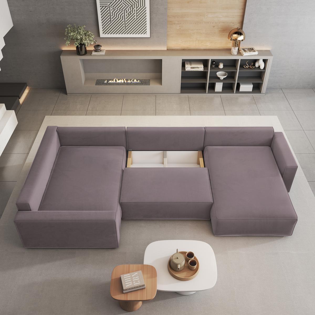 WOHNLANDSCHAFT VELAMI L-S Lila Velours-Stoff mit Schlaffunktion - Lila, Holz (365/83/194cm) - MASSENO