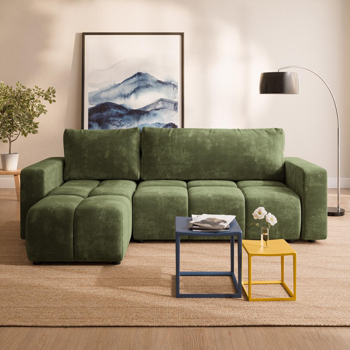 ECKSOFA RAMIL Grün Chenille mit Schlaffunktion - Grün, Holz (240/149cm) - MASSENO