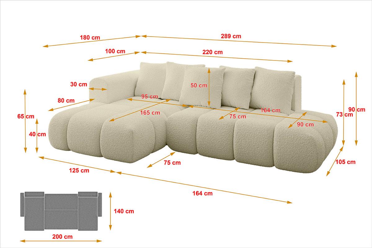 ECKSOFA Ottomane Links CLOUD-L-v1 280x185x90 Beige Bouclé - Beige, Holzwerkstoff/Kunststoff (180/289cm) - ALTDECOR