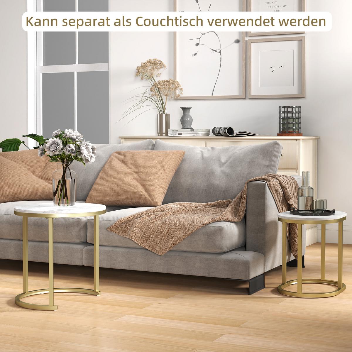 COUCHTISCH rund 2er Set Stapelbarer Beistelltisch mit Stahlrahmen für Wohnzimmer - Weiß, Holzwerkstoff (50/50/50.5cm) - HOMCOM