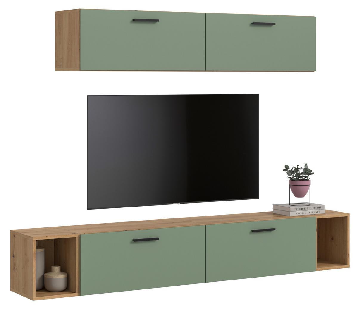 WOHNWAND grün, Eiche Artisan 202 cm, Schrankwand mit Soft-Close - Schwarz/Eiche Artisan, Holzwerkstoff/Kunststoff (202/184/34cm) - Inn.Furn