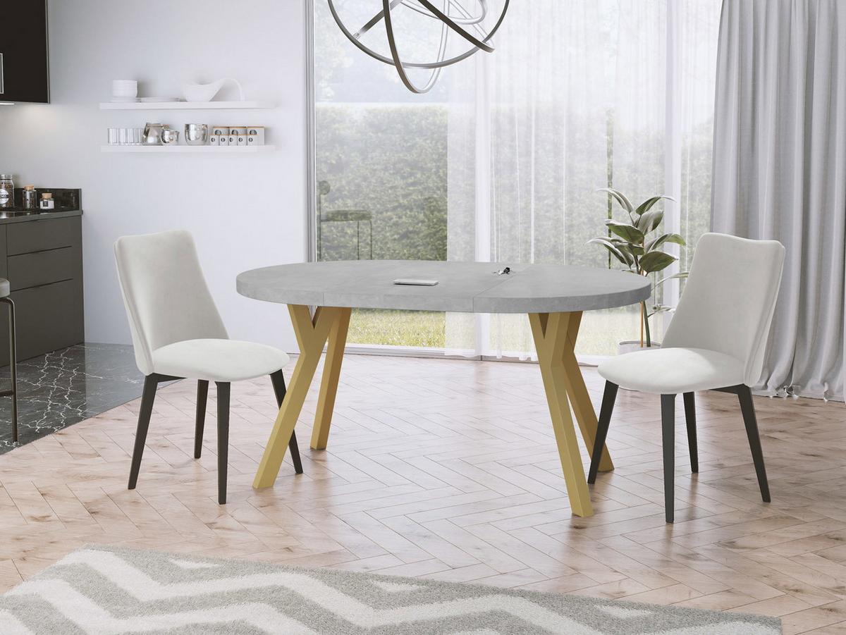 ESSTISCH Mateo runder ausziehbarer, Grauer Beton 100-150/100/76 cm - Goldfarben/Hellgrau, Holz/Holzwerkstoff (100/150/76cm) - WFL GROUP