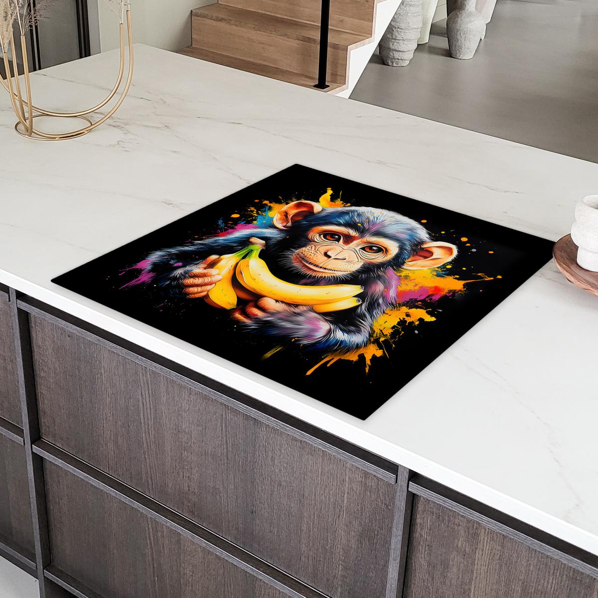 HERDABDECKPLATTE Affe - Graffiti - Farbenfroh - Bananen - Modern Induktionsmatte 78x78 cm - Gelb, Kunststoff (78/78/0.2cm) - MuchoWow