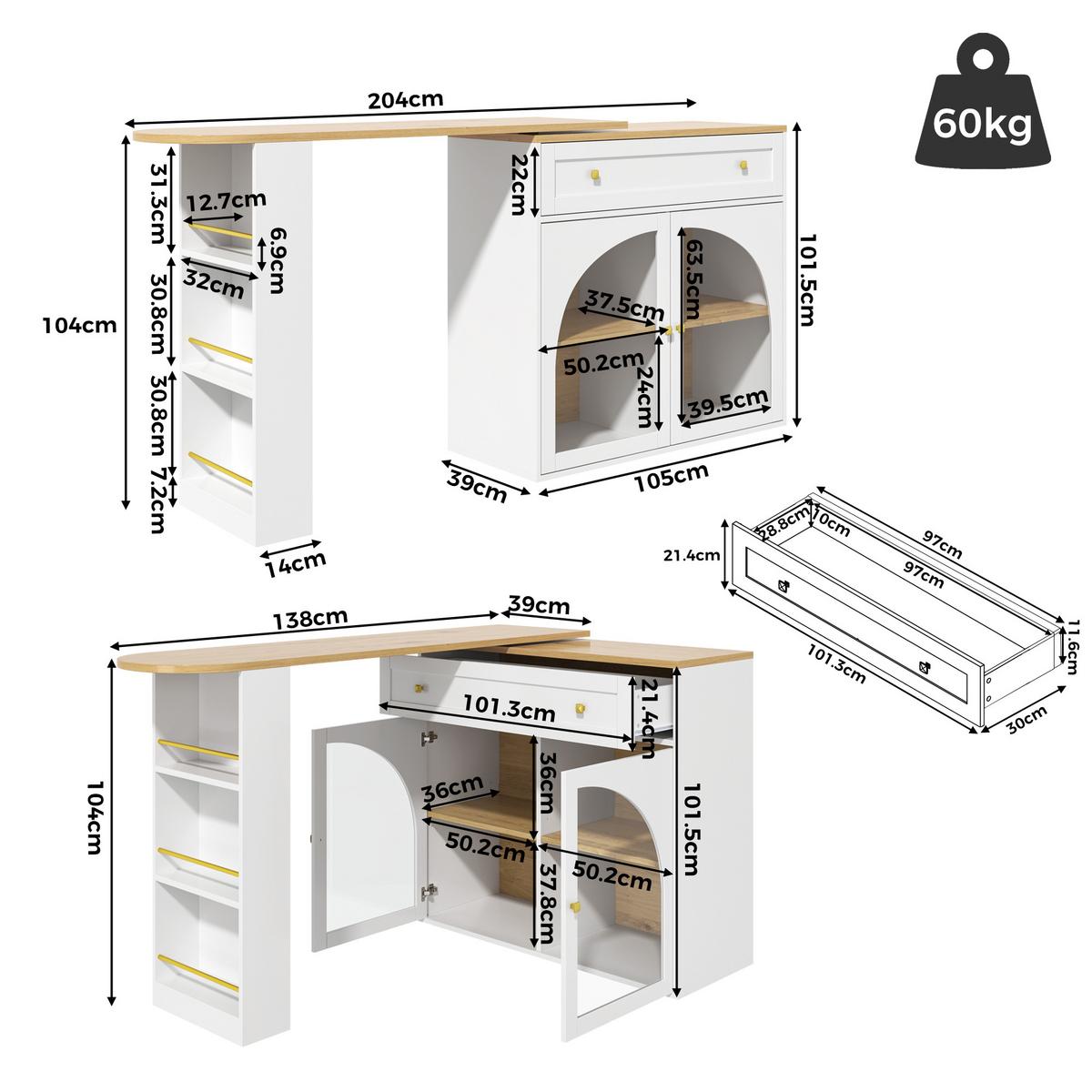 BARTISCH Ausziehbar Weiß 360° Drehbar mit Stauraum & Glas - Weiß, Holzwerkstoff (39/204/104cm) - Urban Meuble
