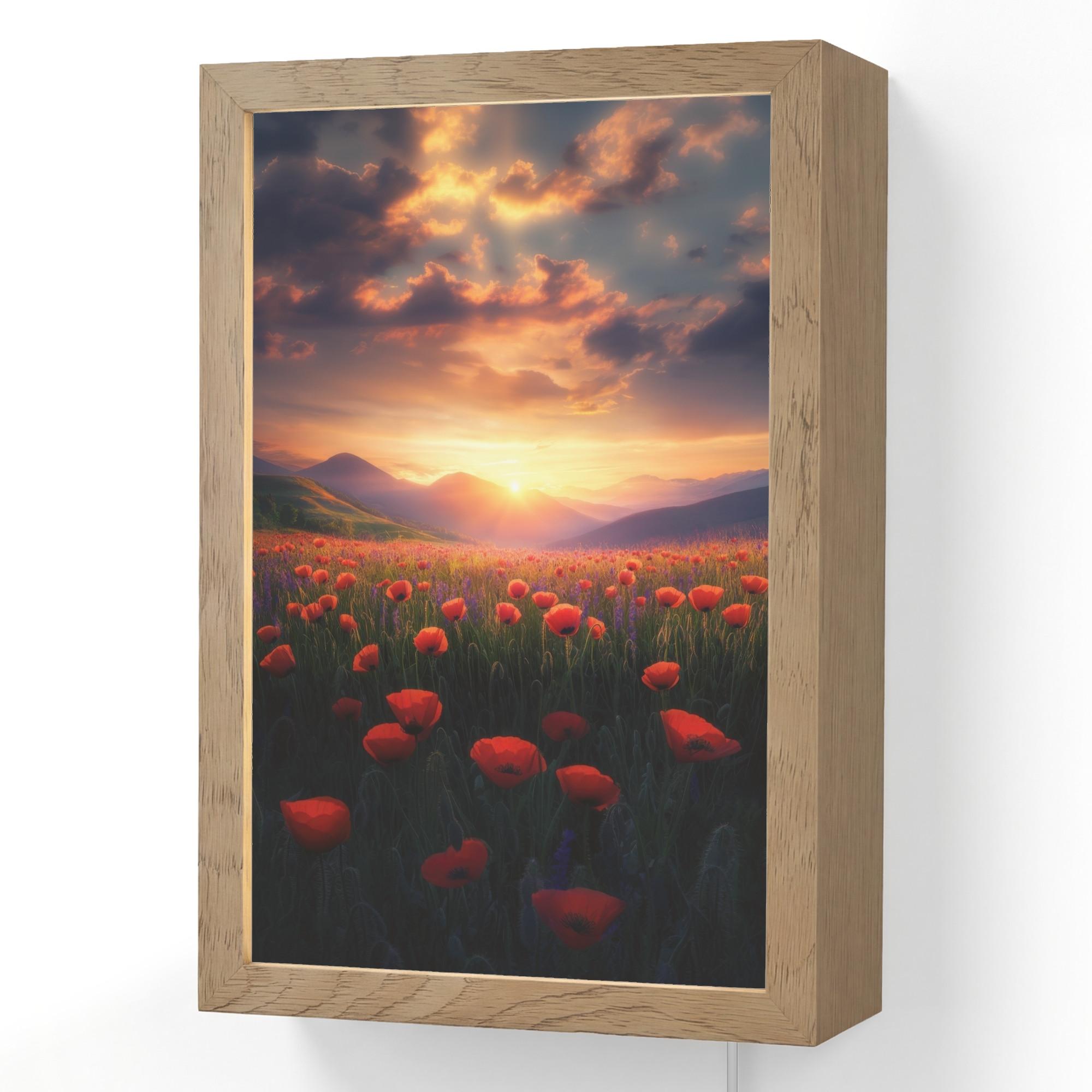 WANDLEUCHTE Landschaft - Sonnenuntergang - Blumenfeld 20x30 cm - Rot, Holzwerkstoff (20/30/8cm) - OnlyWow