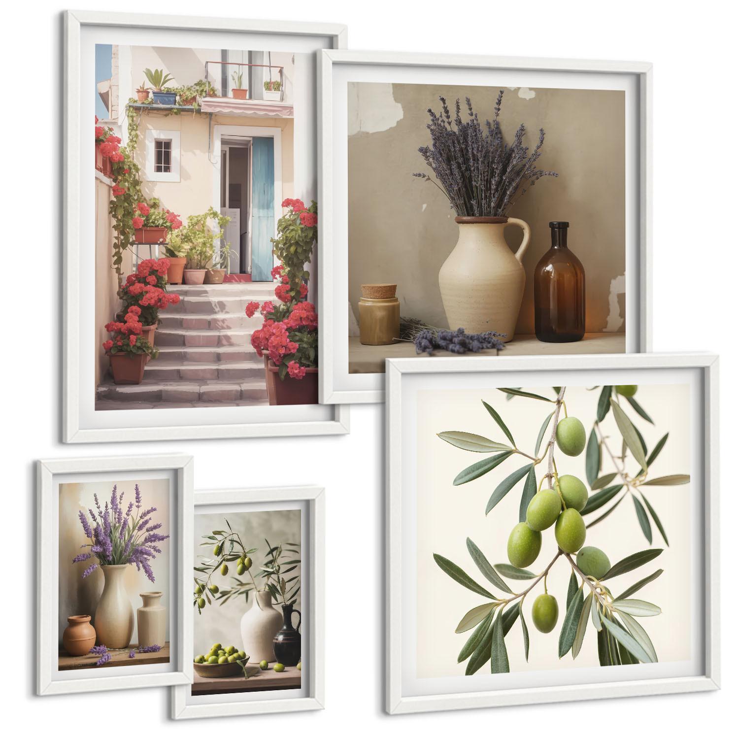 BILDER SET 5er Set - 50x50 cm & 20x30 cm & 40x60 cm Weißer Rahmen - Oliven in Keramikgrau - Weiß, Kunststoff (40/60cm) - TULUP