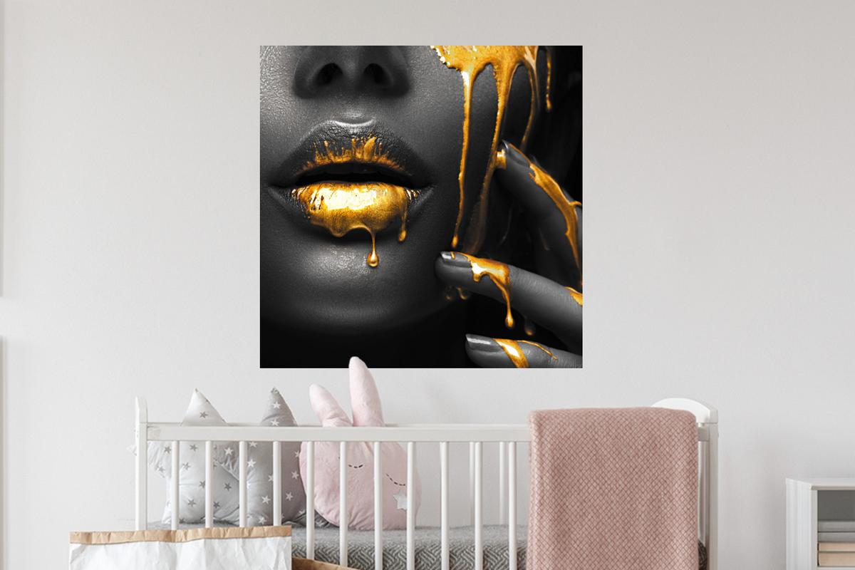 WANDTATTOO Frau - Schwarz - Gold - Gesicht - Lippen Wanddeko 50x50 cm - Goldfarben, Kunststoff (50/50/0.1cm) - MuchoWow