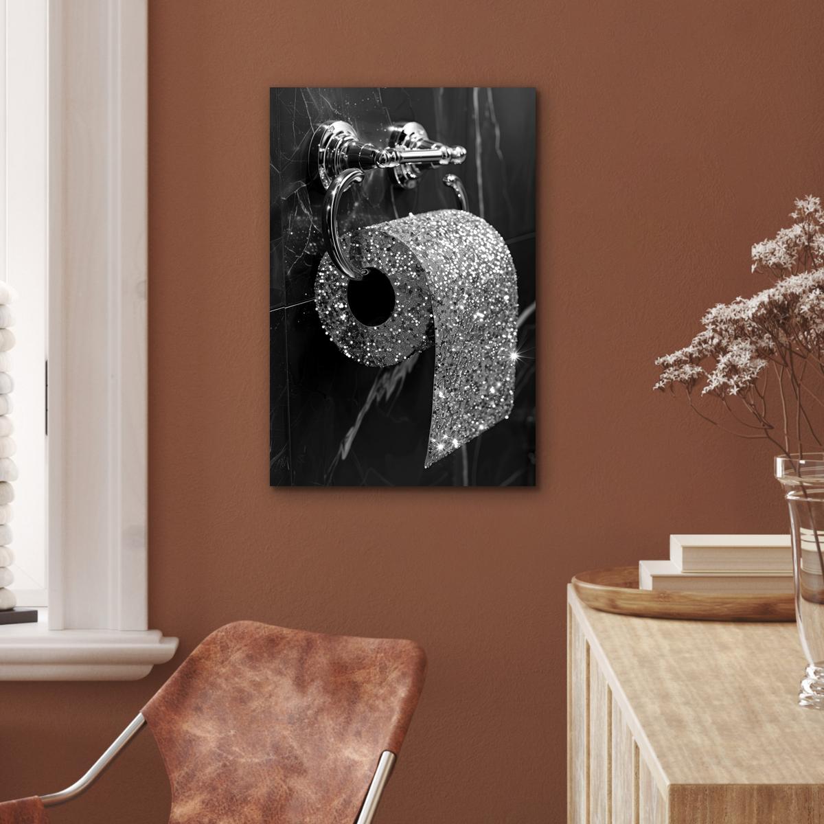 METALLBILD WC - Toilettenpapier - Schwarz und weiß - Glitter Deko Schlafzimmer 40x60 cm - Silberfarben, Metall (40/60cm) - MuchoWow