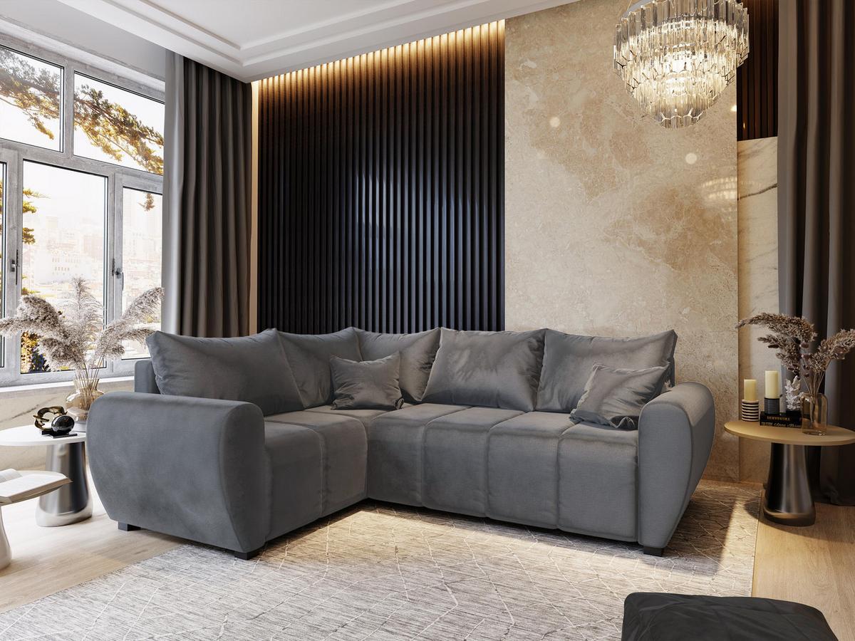 ECKSOFA MADISON L L-S Grau Plüsch-Stoff mit Schlaffunktion - Schwarz/Grau, Holz/Kunststoff (235/175cm) - MASSENO