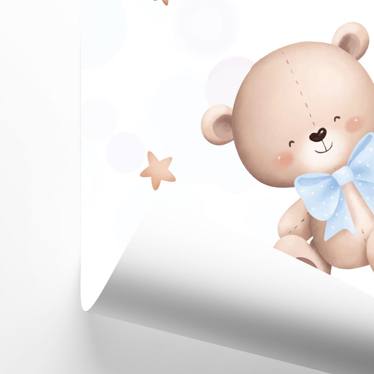 POSTER SET für Kinderzimmer Teddybären blauen Ballons Wolken Sterne 3x Poster A3 30x42cm - Gelb/Beige, Papier (30/42/1cm) - Muralo