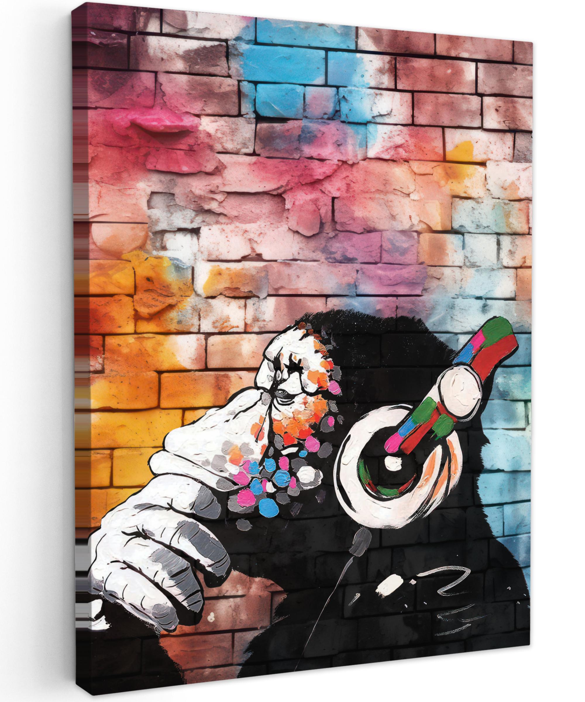 LEINWANDBILD Affe - Graffiti - Musik Wandbild Wohnzimmer 60x80 cm - Multicolor, Textil (60/80cm) - MuchoWow