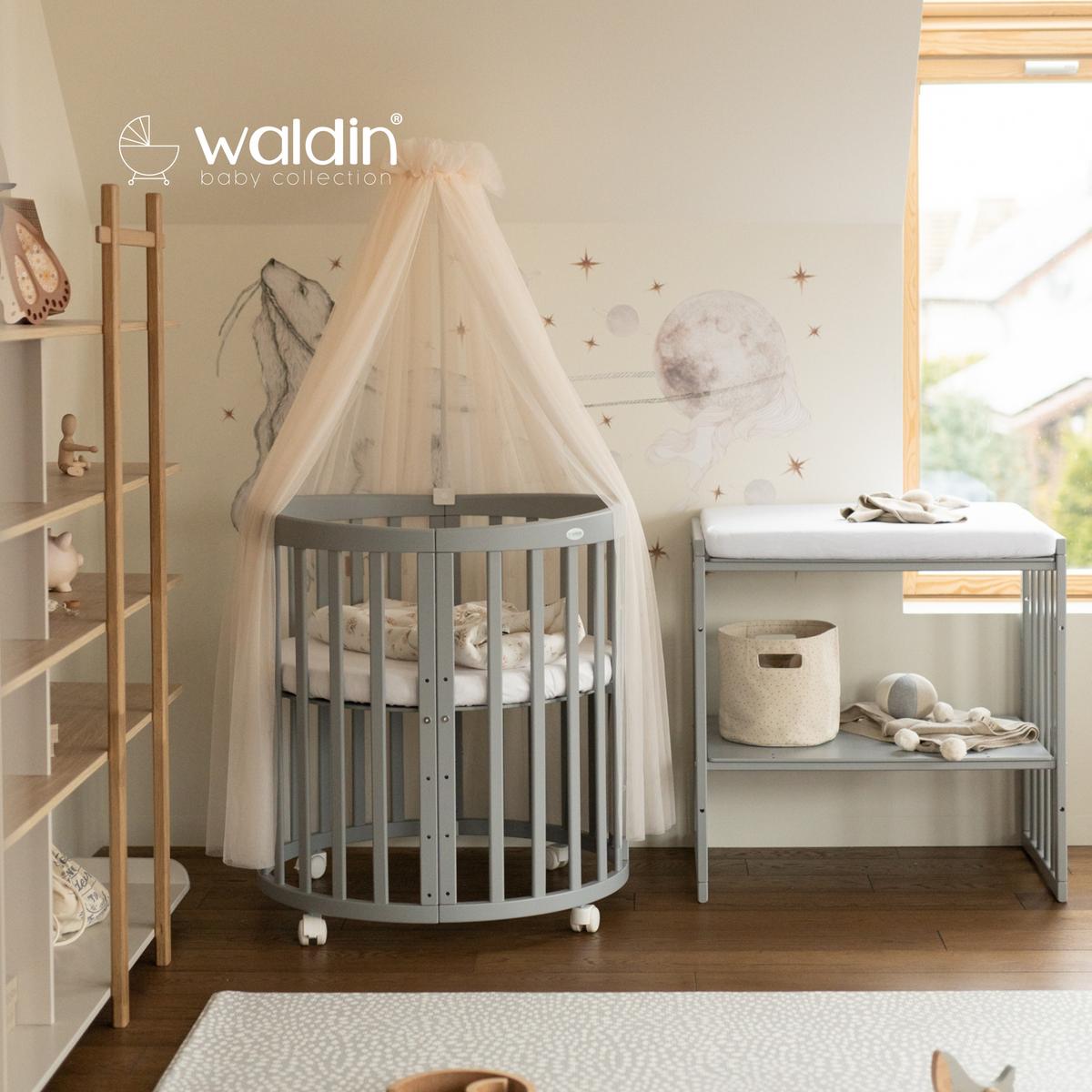 BABYBETT GREY OVAL 7in1 mit Matratze und Himmelset - Champagner/Grau, Holz/Textil (73/125cm) - waldin