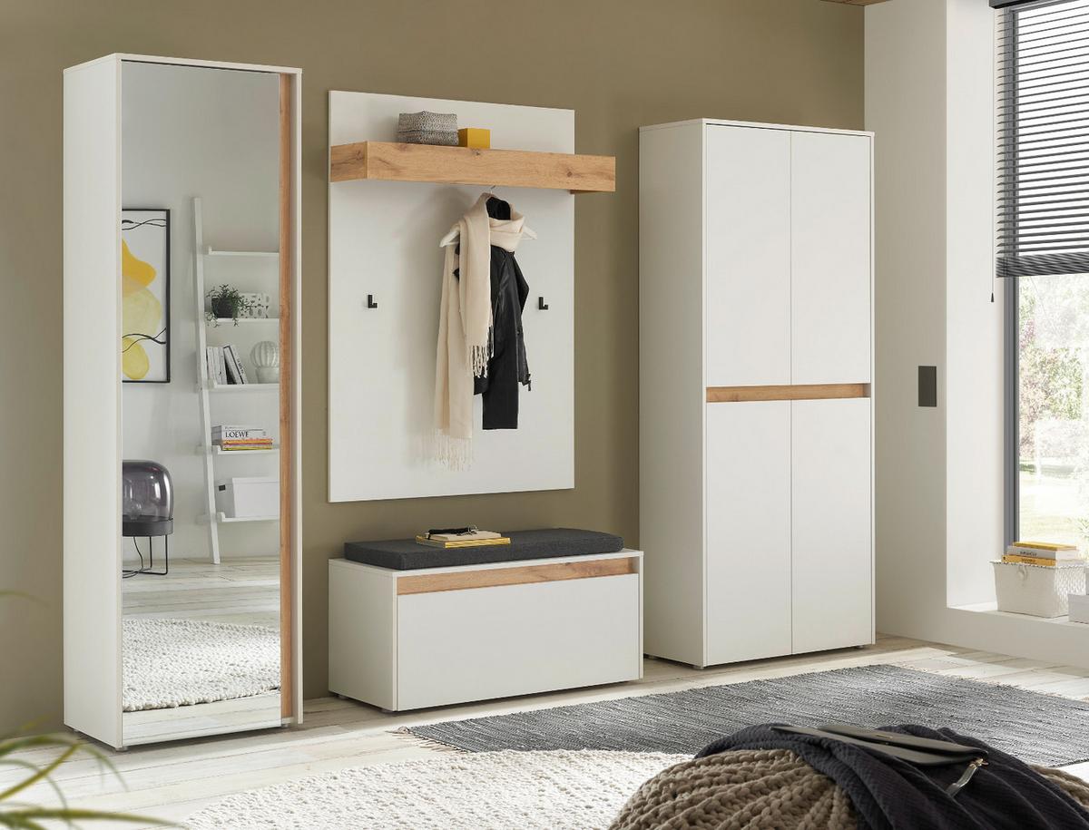 GARDEROBEN-SET weiß matt, Eiche Wotan 5-teilig 265 cm, mit Schuh- und Garderobenschrank - Eiche Wotan/Schwarz, Glas/Holzwerkstoff (265/200/40cm) - Furn.Design