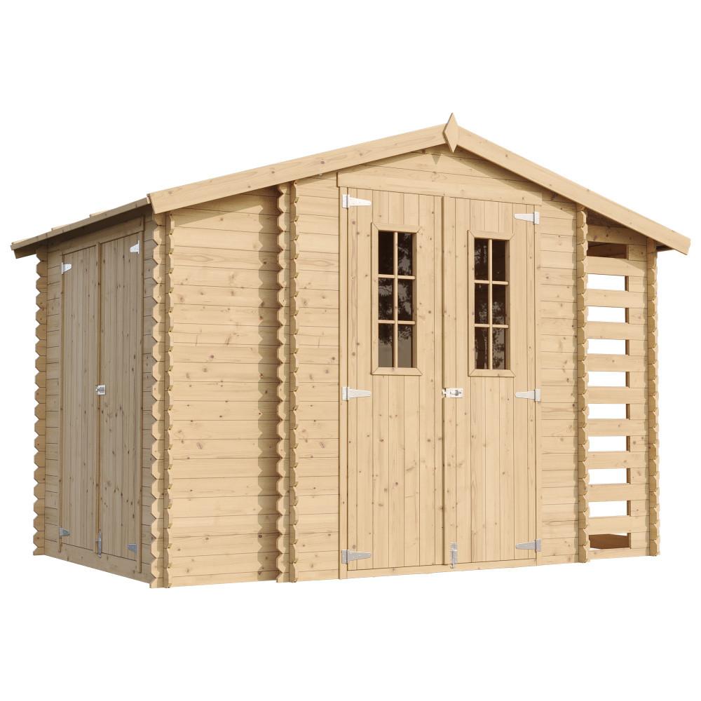 HOLZHAUS GARTENHAUS mit Brennholzschuppen M389C+M389G - mit imprägniertem Boden- 3,53 + 0,97 + 0,97 m2 - Beige, Holz (312/218/206cm) - Timbela